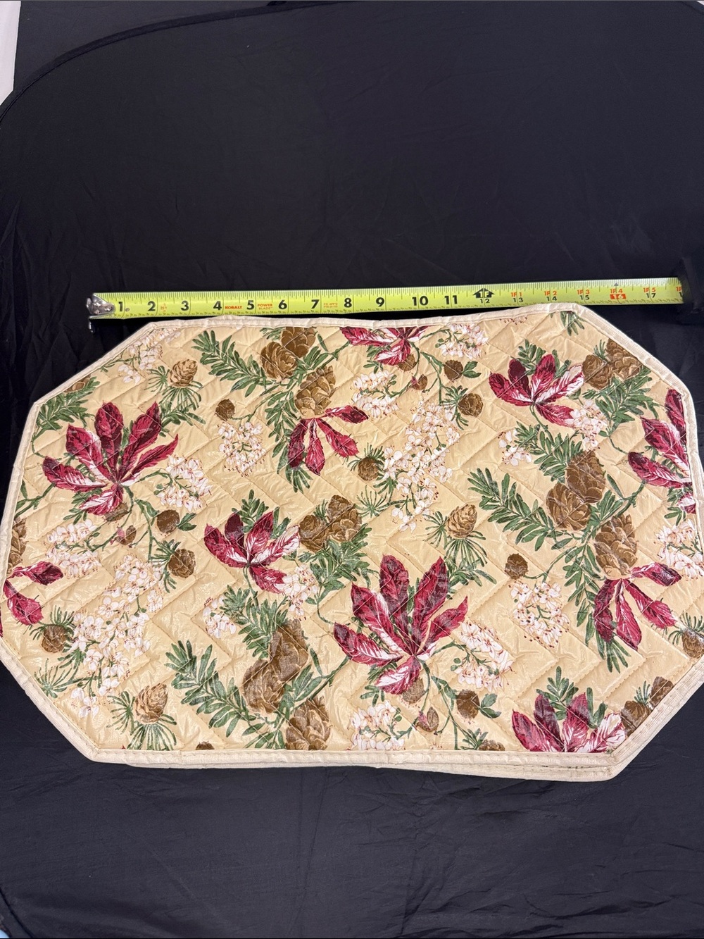 Sears Cream Quilted Placemat with Red Floral and Green Leaves easy clean